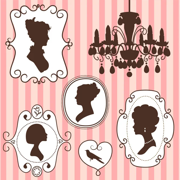 Cute vintage frames with ladies silhouettes — Stock Vector