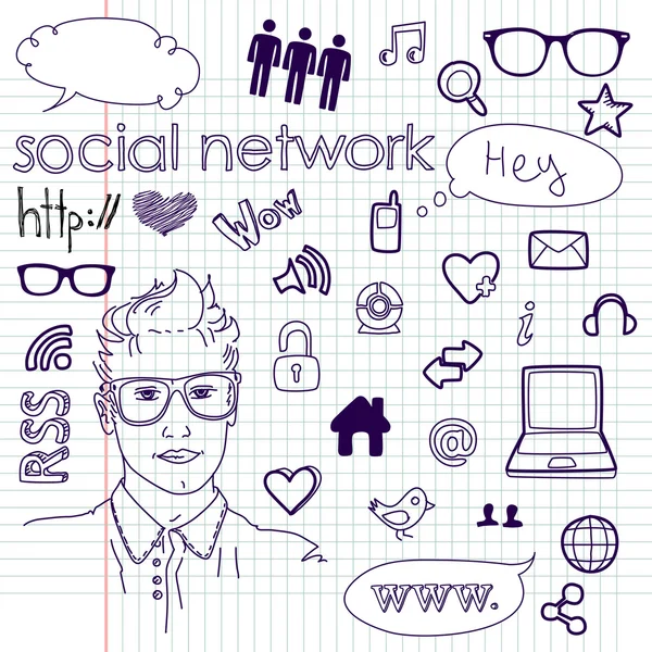 Doodles de conexão de rede de mídia social — Vetor de Stock