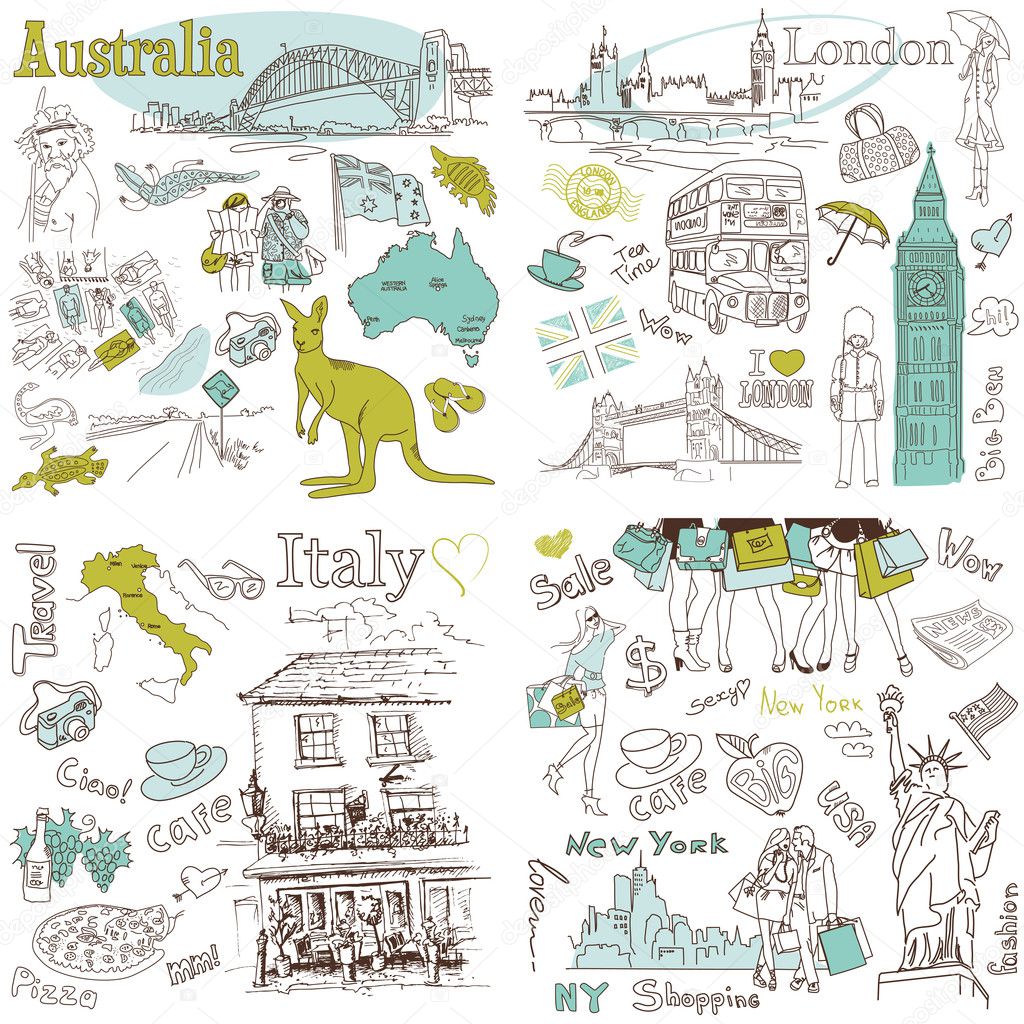 Italy, England, Australia, USA - four wonderful collections of hand drawn doodles