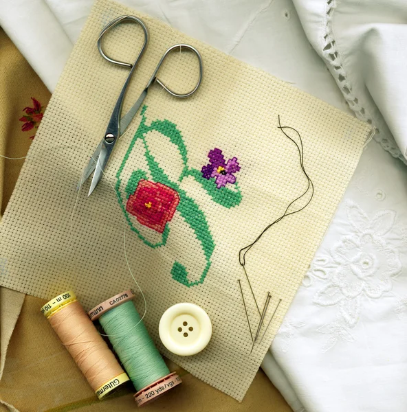 stock image Sewing needle with bobbins of cotton thread and needlework