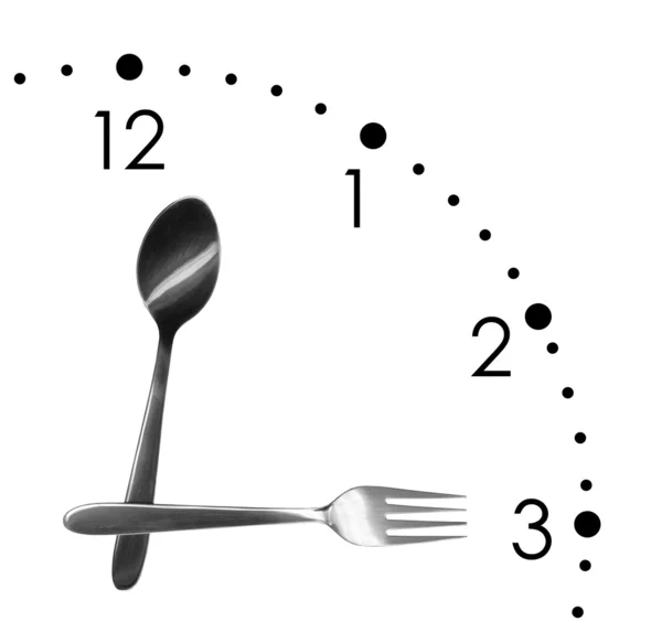 Zegar z łyżką i widelcem, na białym tle — Zdjęcie stockowe