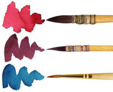 3 brushes with different colours of paint, isolated on white background clipart