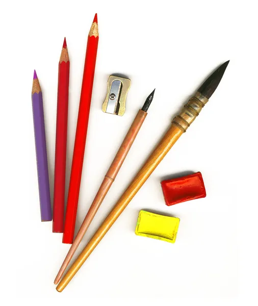 Pincéis, lápis e ferramentas de um artista , — Fotografia de Stock