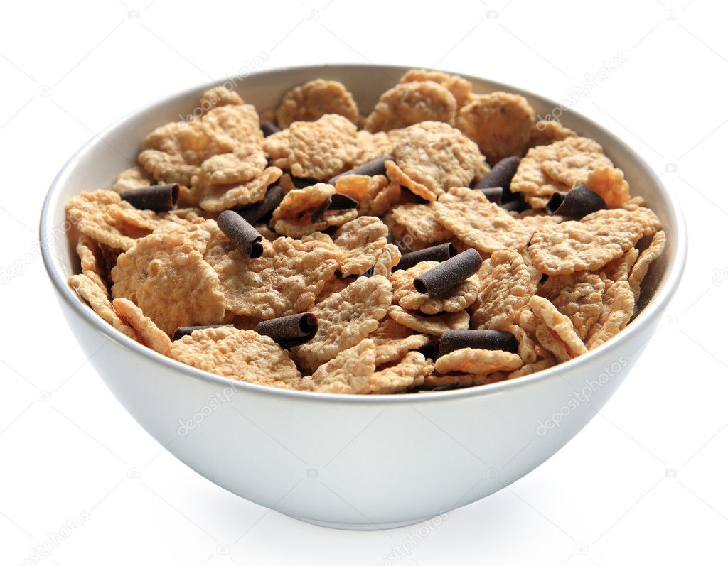 Bowl of bran cereal with chocolate curls