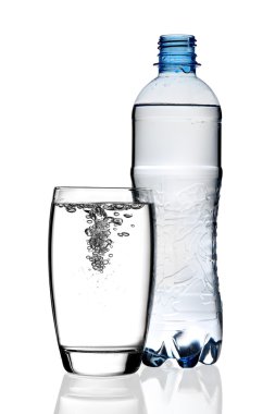 Bottle of water with glass and bubbles clipart