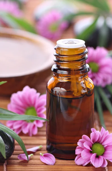 Aromaterapie láhev s růžovými květy — Stock fotografie