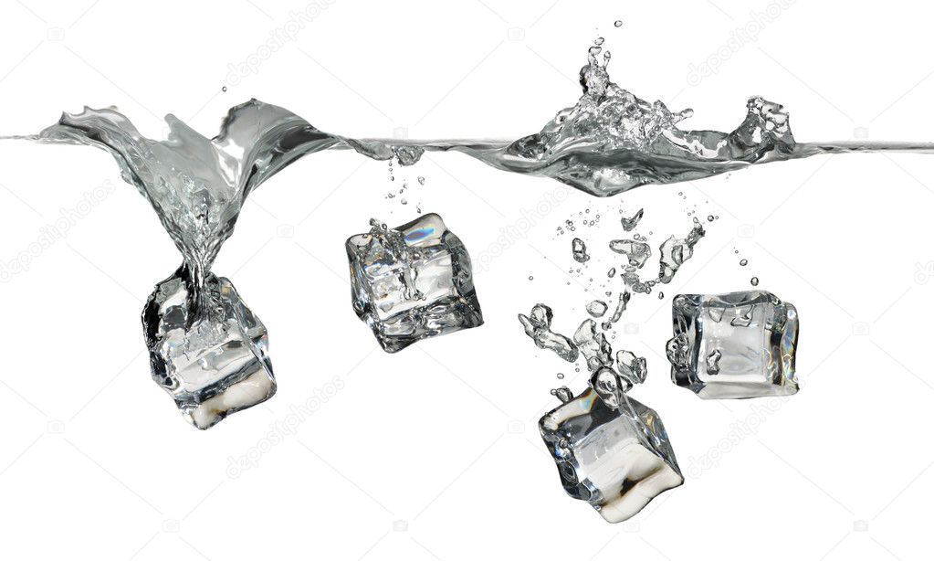 Ice cubes splashing into water