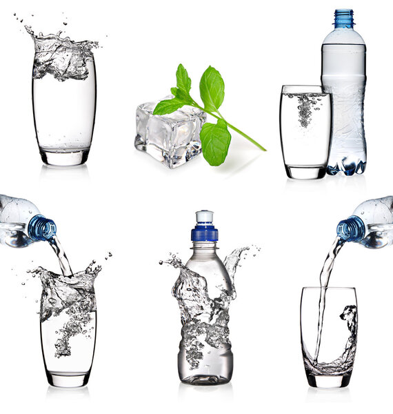 Water glasses and bottles collage