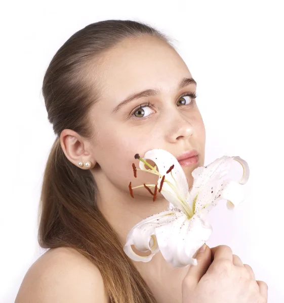 Young beautiful girl with a flower isolated — Stock Photo, Image