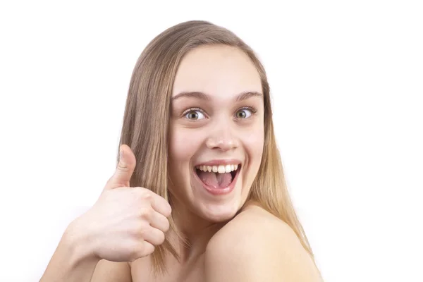 Mladý šťastné ženy ukazující ok, samostatný — Stock fotografie