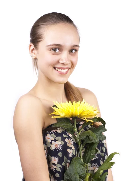 Young happy beautiful girl with a flower isolated — Stock Photo, Image