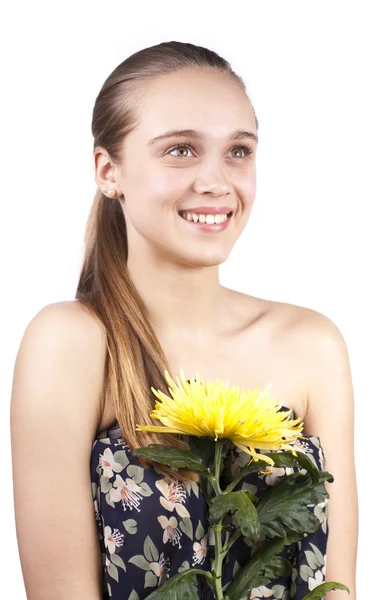 Young happy beautiful girl with a flower isolated — Stock Photo, Image