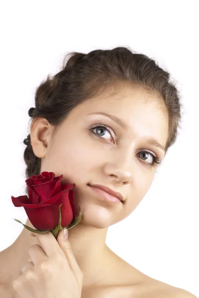 Young beautiful girl with red flower — Stock Photo, Image