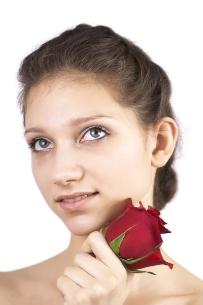 Young beautiful girl with red flower — Stock Photo, Image