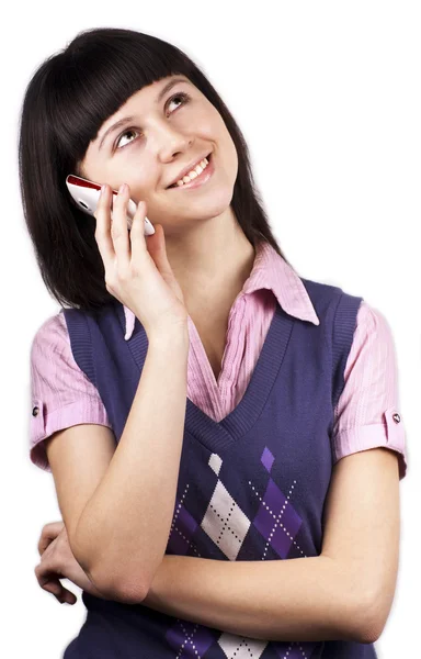 Usmívající se krásná dívka s mobilním telefonem — Stock fotografie