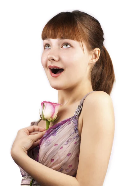 Portrait of young smiling expression woman with pink rose — Stock Photo, Image