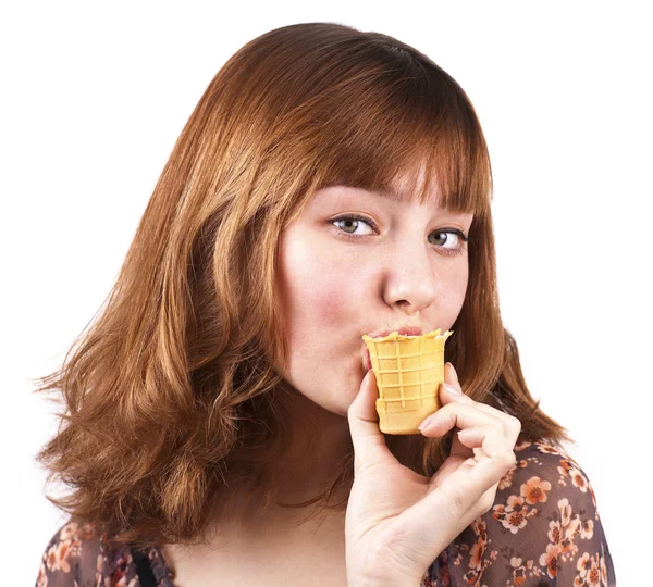 Portrait of sensual bright woman eating ice-cream — Stock Photo, Image