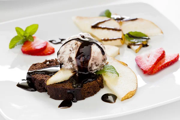 Chocolate Cake Pear And Ice Cream — Stock Photo, Image