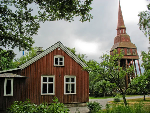 Stock image Swedish cabin and bell tower