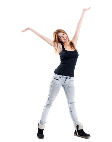 stock image Smiling redhead in jeans with open arms