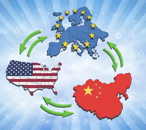 美国、 欧洲和中国 interatction. — 图库照片