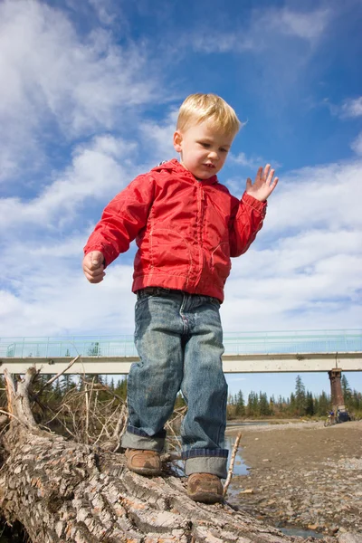 Boy balancing on log — Stock Photo, Image