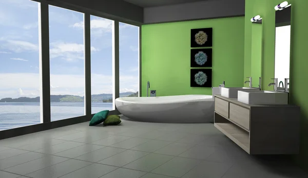 Grünes Badezimmer mit Seeblick — Stockfoto