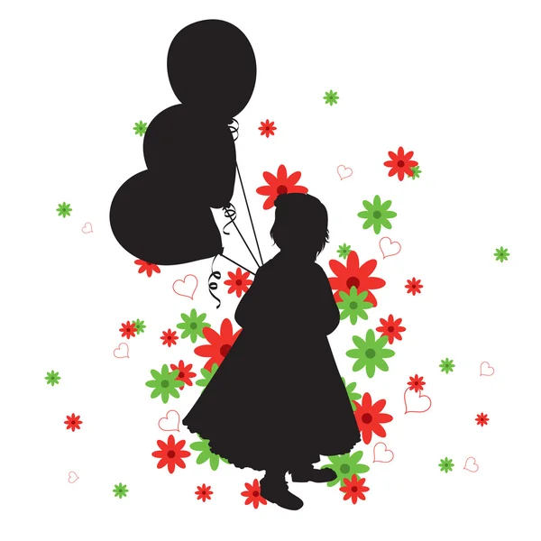 Silhouette d'une petite fille avec des ballons. Illustration vectorielle . — Image vectorielle