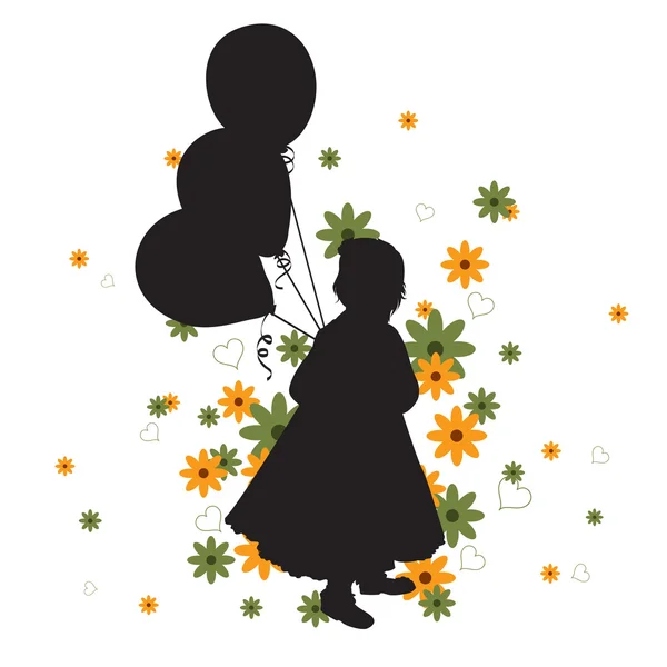 Silhuetten av en liten flicka med ballonger. vektor illustration. — Stock vektor