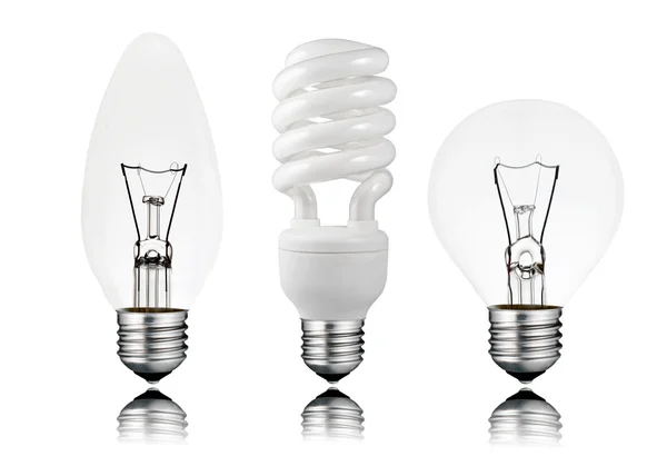 Tre lampadine - Risparmio, candela e forma di palla da golf isolato — Foto Stock