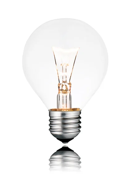 Glödlampa på - golf boll form, skruv, reflektion, isolerade — Stockfoto