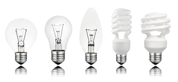 Cinco bombillas con reflexión aisladas en blanco —  Fotos de Stock