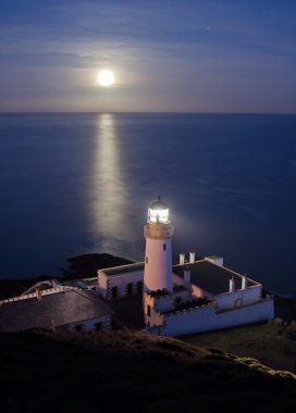 Lighthouse with Full Moon Reflecting in Sea clipart