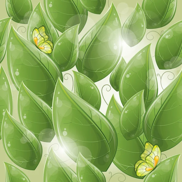 Бесшовный узор - Зеленые листья дизайн с бабочкой — стоковый вектор