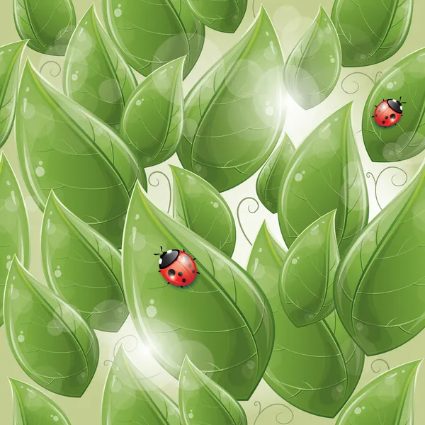 รูปแบบไร้รอยต่อ - สีเขียวใบออกแบบกับ ladybug — ภาพเวกเตอร์สต็อก