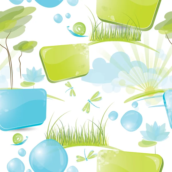 Seamless pattern - Blue and green form with nature elements — Stock Vector