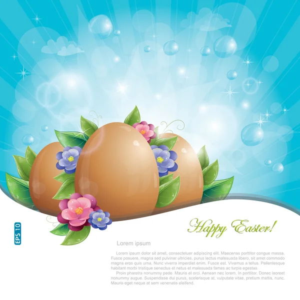 Huevos de Pascua con hojas verdes y flores contra el cielo azul Ilustración De Stock