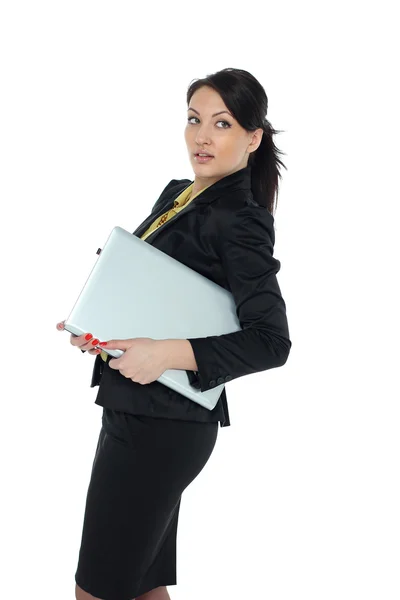 Portrait of young beautiful brunnete woman holding laptop - isol — Stock Photo, Image