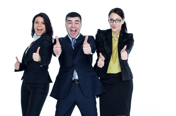 A young man and two young women with thumbs-up gesture isolated — Stock Photo, Image