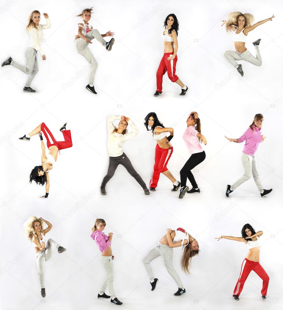 Collage girls dancing isolated on white background