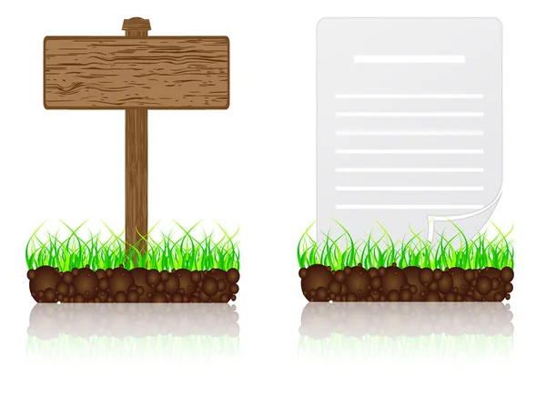 Деревянный баннер и белая бумага в траве — стоковый вектор