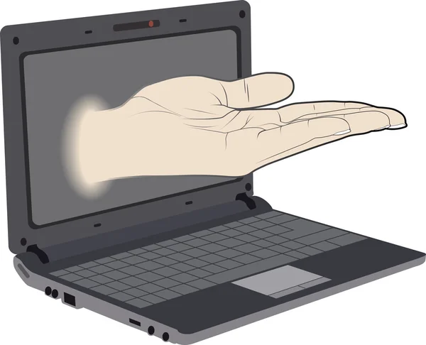 Ладонь выходит из экрана ноутбука — стоковый вектор