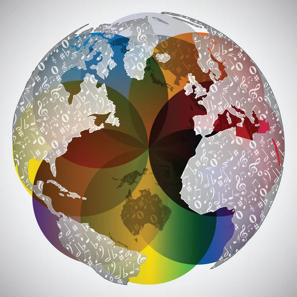 多彩世界地球仪上的音符 — 图库矢量图片