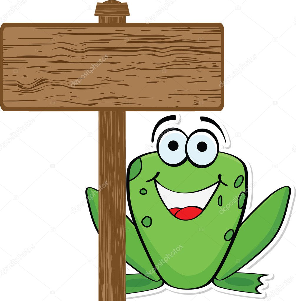 frog with wooden banner