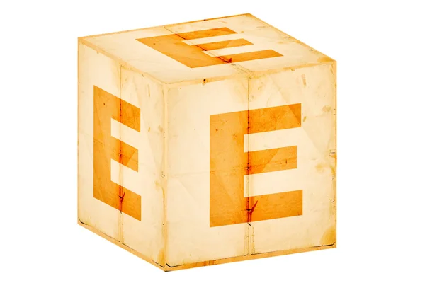 Letter e on old box isolated on white — Stock Photo, Image