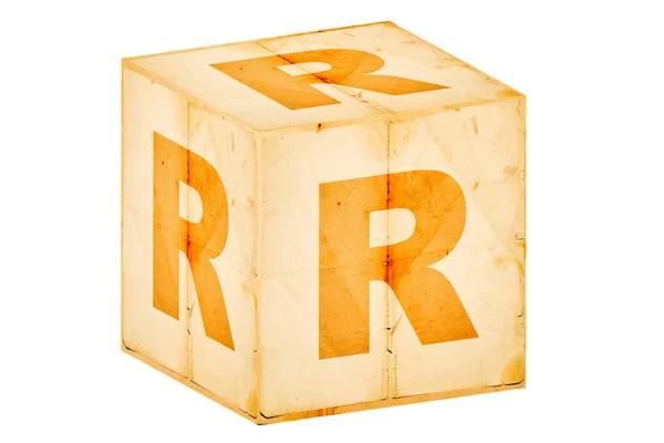 Літера r на старій коробці ізольовано на білому — стокове фото