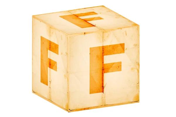 Буква f на старой коробке изолирована на белом — стоковое фото