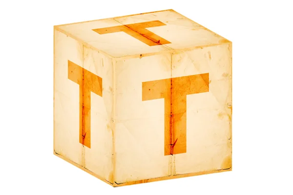 Літера t на старій коробці ізольовано на білому — стокове фото