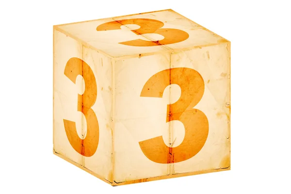 Número três caixa velha isolado em branco — Fotografia de Stock