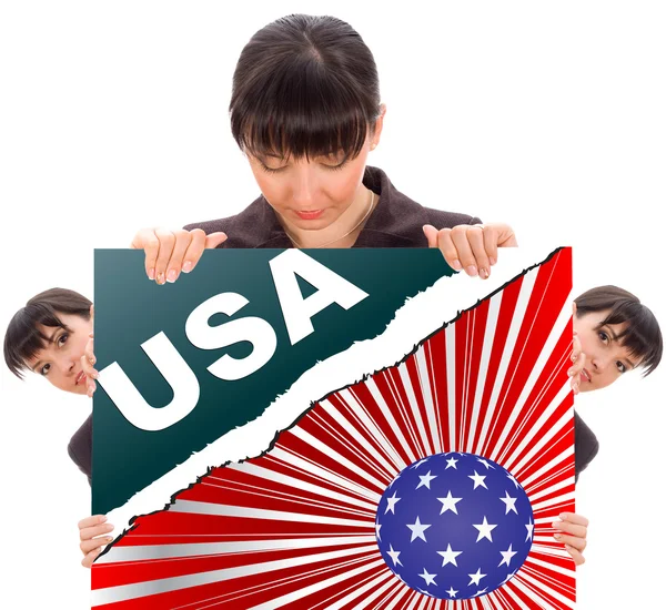 Geschäftsfrau mit amerikanischer Flagge — Stockfoto